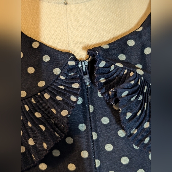 [Handmade - Jane Overland] Vintage Navy Polkadot Midi Dress with Pleats | Medium - Picture 6 of 16